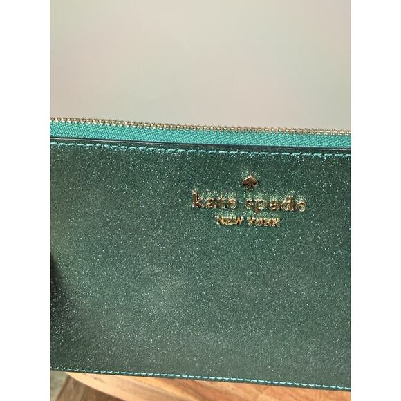 Kate Spade Lucy Glitter Medium L-Zip Teal Green Wristlet KE454 Wallet Defects - Picture 11 of 13